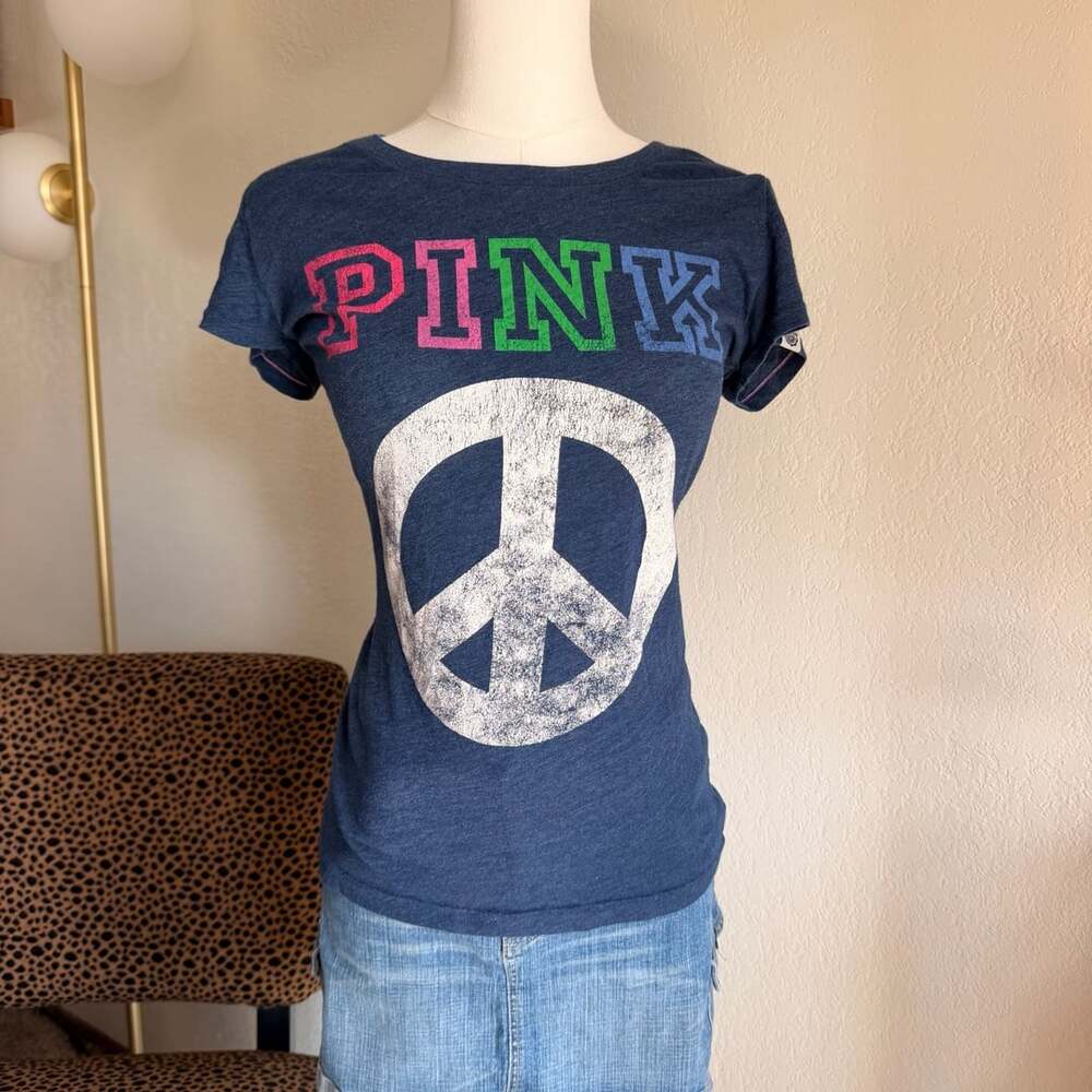Pink Victoria's Secret Peace Sign Graphic T-Shirt Size M Blue